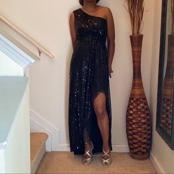 Max and Cleo black sequin asymmetrical evening dress Glam Party Bling Romantic - Picture 1 of 6